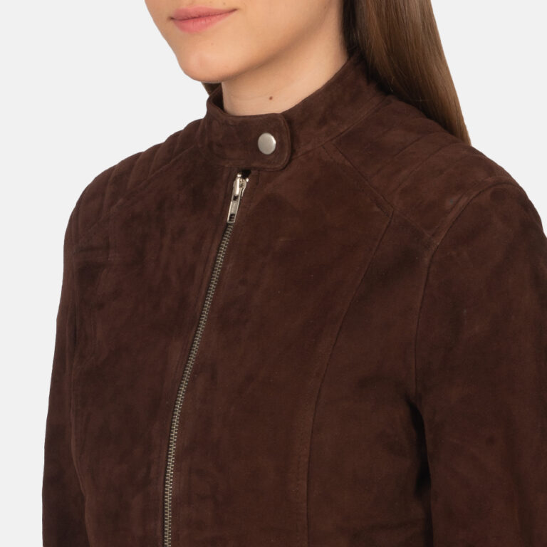 Womens Kelsee Mocha Suede Biker Jacket Close-Up-9-1659375837051